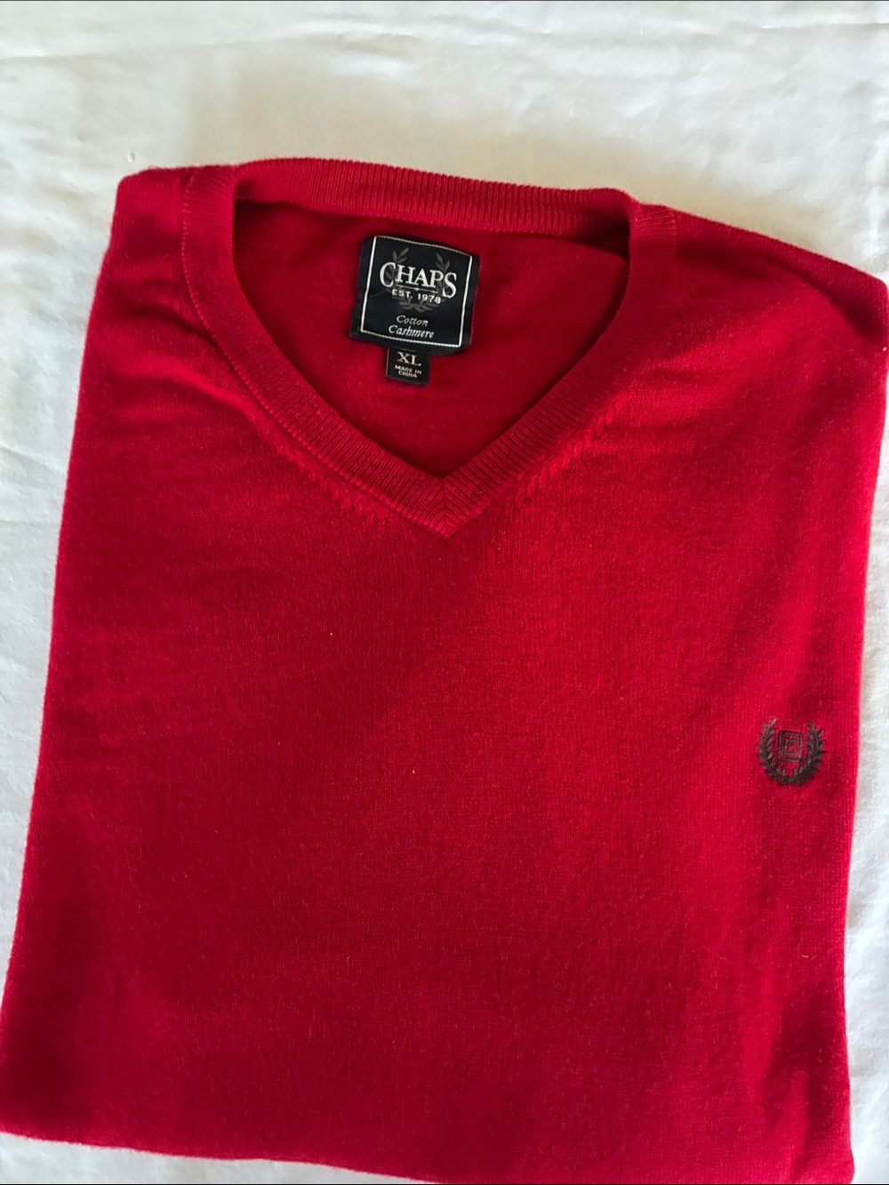 Chaps Men's Red V-Neck Sweater with Embroidered Crest
